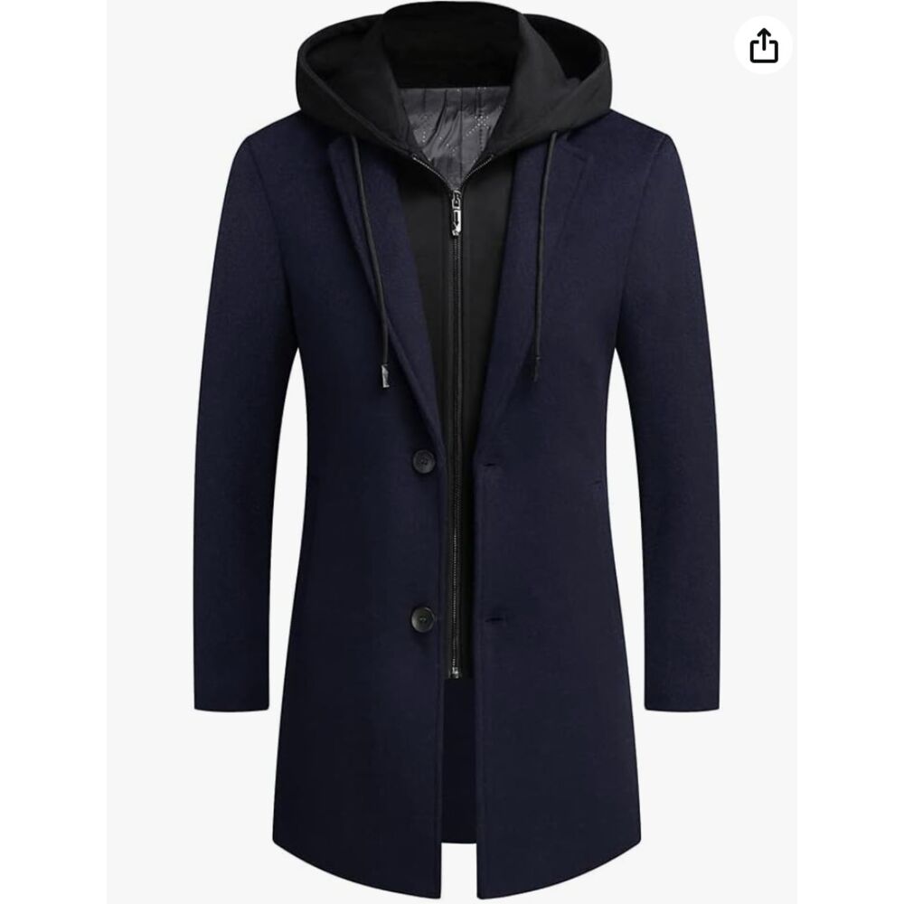 Prijouhe Men's Navy Blue Wool Coat Jacket Hoodie Trench Casual Small NEW NWT